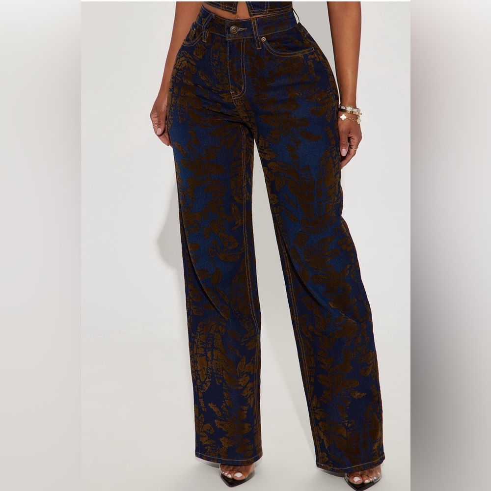High-Waist Wide Leg Printed Jeans - Blue & Brown
